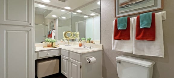 Luxury apartments with wood grain plank floors, extra cabinet space, white cabinets, built-in vanity, and glass shower at Lenox Village Apartments in Lincoln, NE
