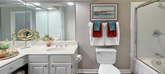 Luxury apartments with wood grain plank floors, extra cabinet space, white cabinets, built-in vanity, oval soaking tub, and glass shower at Lenox Village Apartments in Lincoln, NE