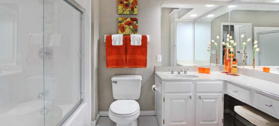 Luxury apartments with oval soaking tub, built-in vanity, and glass shower at Lenox Village Apartments in Lincoln, Nebraska