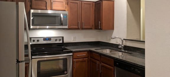 Luxury apartments with granite countertops, stainless appliances, and custom cabinetry at Tuscany Oaks Apartments in Houston.