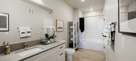 a bathroom with a sink and a toilet and a shower at SYNC APARTMENT HOMES, Nevada, 89084