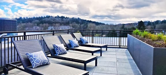 Dog-Friendly Apartments in Bothell - Community Rooftop with Lounge Chairs and an Amazing View