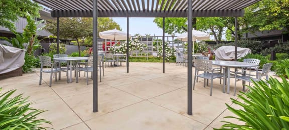 Fremont CA Apartments for Rent - Logan Park - Outdoor BBQ Area with Grilling Stations and Dining Tables Shaded by a Pergola