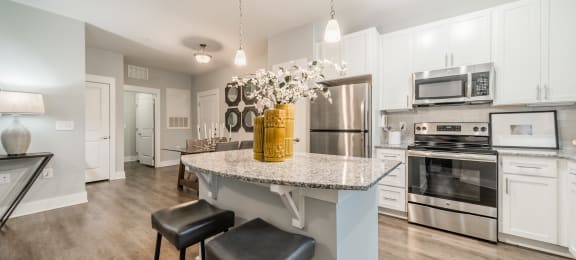 a kitchen with stainless steel appliances and a marble counter top