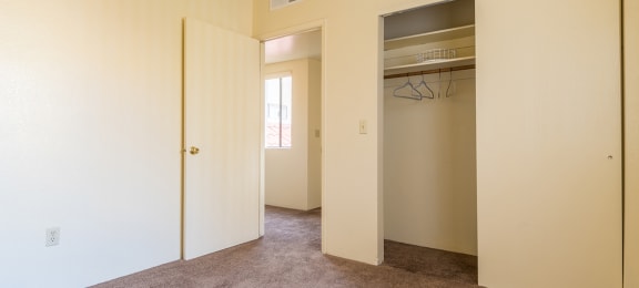 Bedroom with closet and brown carpet