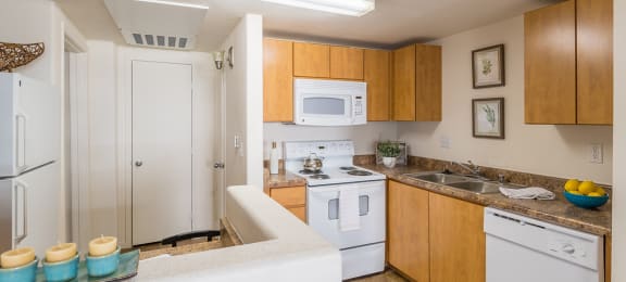 Desert Sands kitchen with all white appliances.