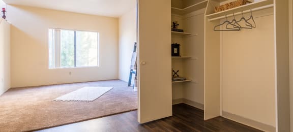 Living room with window and vinyl flooring with large closet