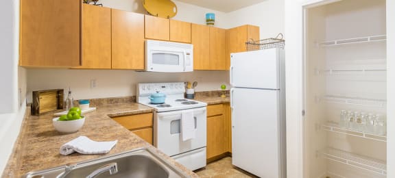 Desert Sands kitchen with all white appliances.