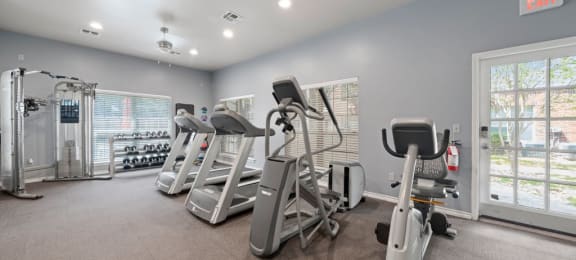 the gym has plenty of cardio equipment and a large window