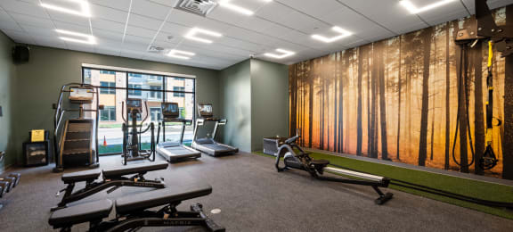Large fitness room with cross-training equipment