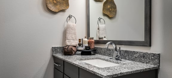the master bathroom has a granite counter top and a sink with a mirror
