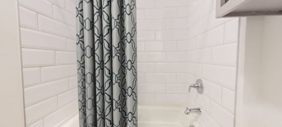 a bathroom with a shower and a shower curtain