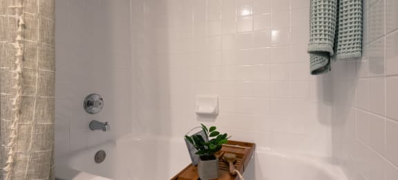 a bathroom with a white tub and a wooden tray with a plant