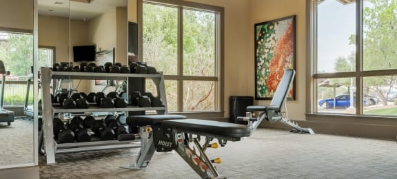 a home gym with a treadmill and weights