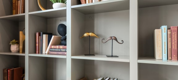 a bookcase with books and a lamp