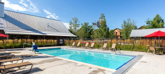 Sunny pool deck at Mullan Reserve Apartments in Missoula, MT