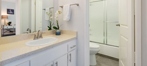 Bathroom With Adequate Storage at Three Crown Apartments, Alameda, 94501