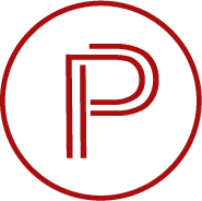 a red and white circle with a letter p in it