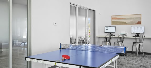 a room with a ping pong table