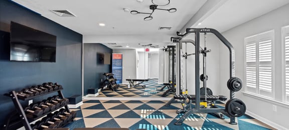 Fitness center weights at England Run Apartments in Fredericksburg VA