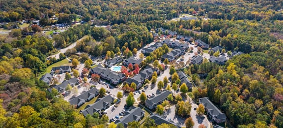Aerial view of apartments and neighborhood at Grand Oaks in Chester VA