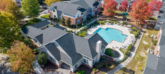 Aerial view of landscaping and pool at Grand Oaks in Chester VA