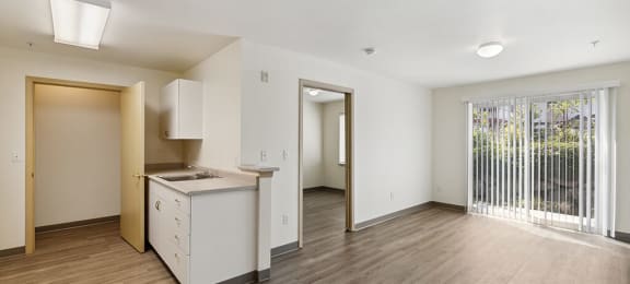 Kitchen and Living Room at Ballinger Court Senior Apartments in Edmonds, WA