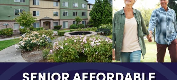 Exterior view of Alderwood Court with text that reads Senior affordable Apartments for ages 62 plus