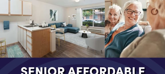 Photo of interior of apartment with text that reads senior affordable apartments for ages 62 plus