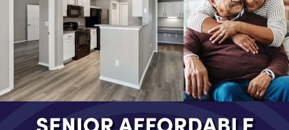 Photo of a man and a woman sitting in an apartment with the text senior affordable apartments for 55 plus