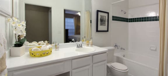 Spacious bright white bathroom with oversized garden tub and built-in vanity at Village on the Parkway Apartments.