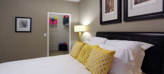 Spacious master bedroom with attached master bathroom and spacious walk-in closet with 9-foot ceilings at Village on the Parkway Apartments.