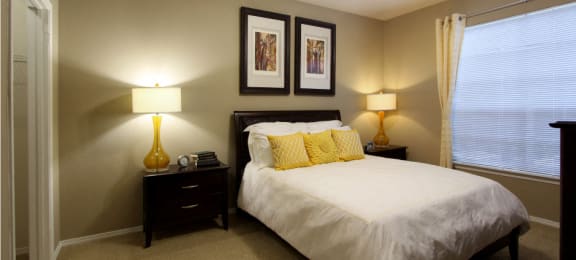 Spacious master bedroom with attached master bathroom and spacious walk-in closet with 9-foot ceilings at Village on the Parkway Apartments.