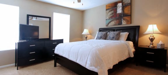 Spacious bedroom with ceiling fan and walk-in closet at Briarwood Apartments in Houston.
