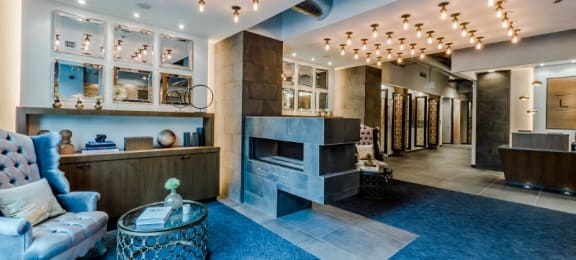 Chicago luxury apartment lobby amenity with fireplace