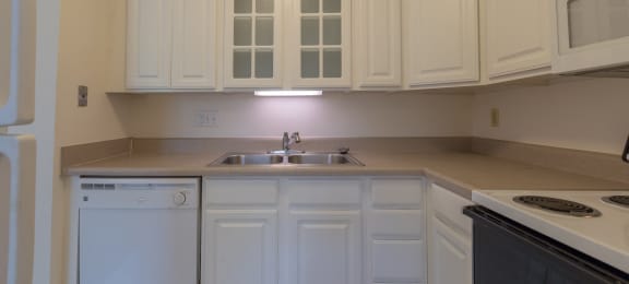 an empty kitchen with white cabinets and a dishwasher and sink