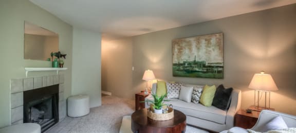 Living Room With Fireplace at Waverly Gardens Apartments, Portland, OR, 97233