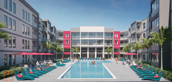 a rendering of an apartment complex with a swimming pool