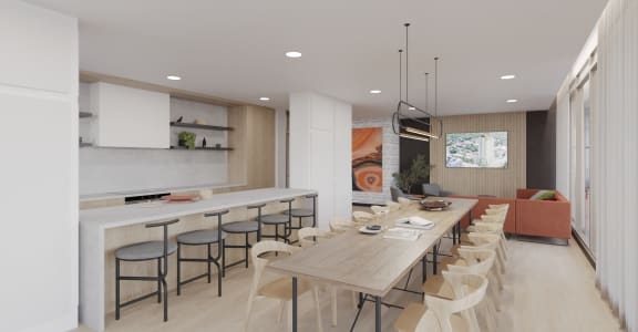 a rendering of the kitchen and dining area of a house with a long wooden table and chairs