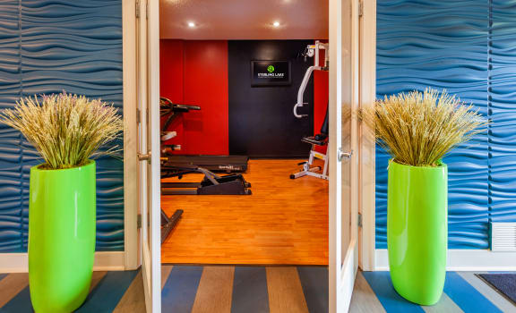 a gym room with green vases on the floor