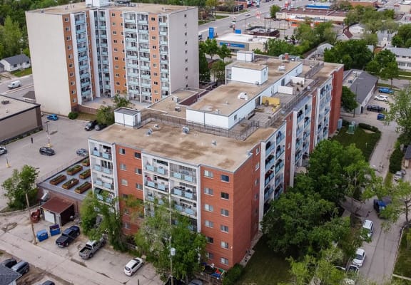 a view of a large apartment building from above