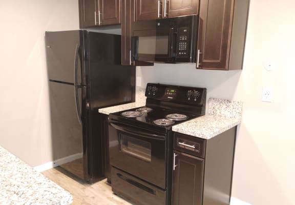 a kitchen with black appliances and a refrigerator