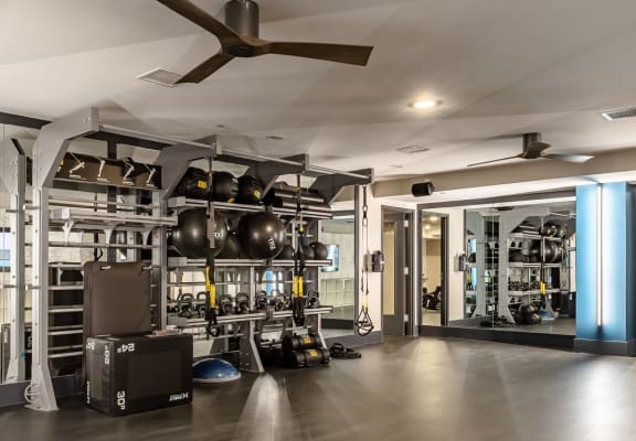 a home gym with weights equipment and a ceiling fan