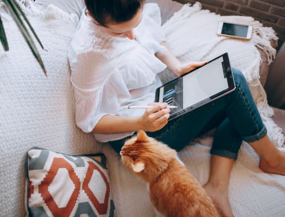 a woman sitting on a bed with a cat and a laptop