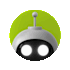 A robot with two lights for eyes is centered in the image.