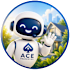 A robot with ACE Properties logo on its shirt is waving.