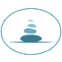A blue and white image of a stack of stones in a circle.