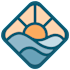 A stylized image of a sun rising over a body of water.