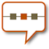 A speech bubble with three squares, two brown and one orange.