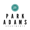 a green background with a blue logo that says park adams apartments